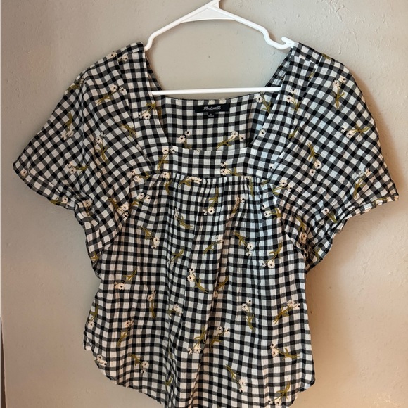 Madewell Tops - Madewell Black and White Checkered Blouse with Floral Accents